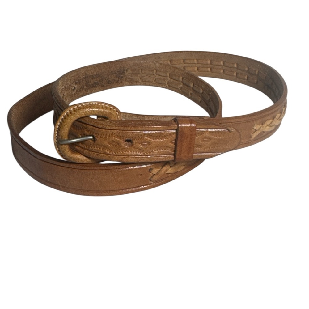 Western Style Thin Tan Leather Belt With Braided Stitching - Size 36